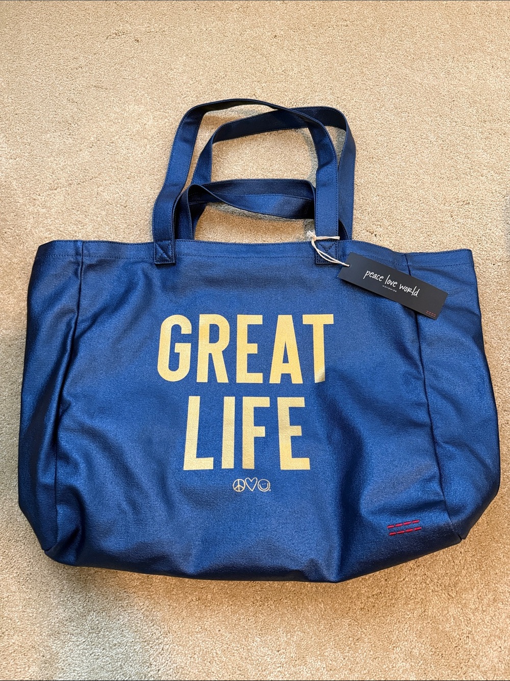 Peace Love World Great Life Navy Tote/Beach Bag